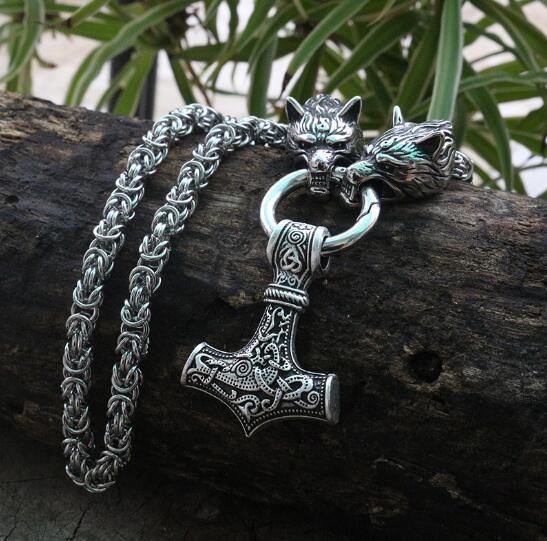 Stainless steel wolf head black king chain with black mjolnir-xinru