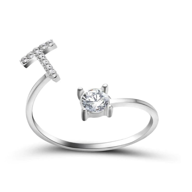 Golden Adjustable A-Z Personalized Initial Letter with Rhinestone Rings-xinru