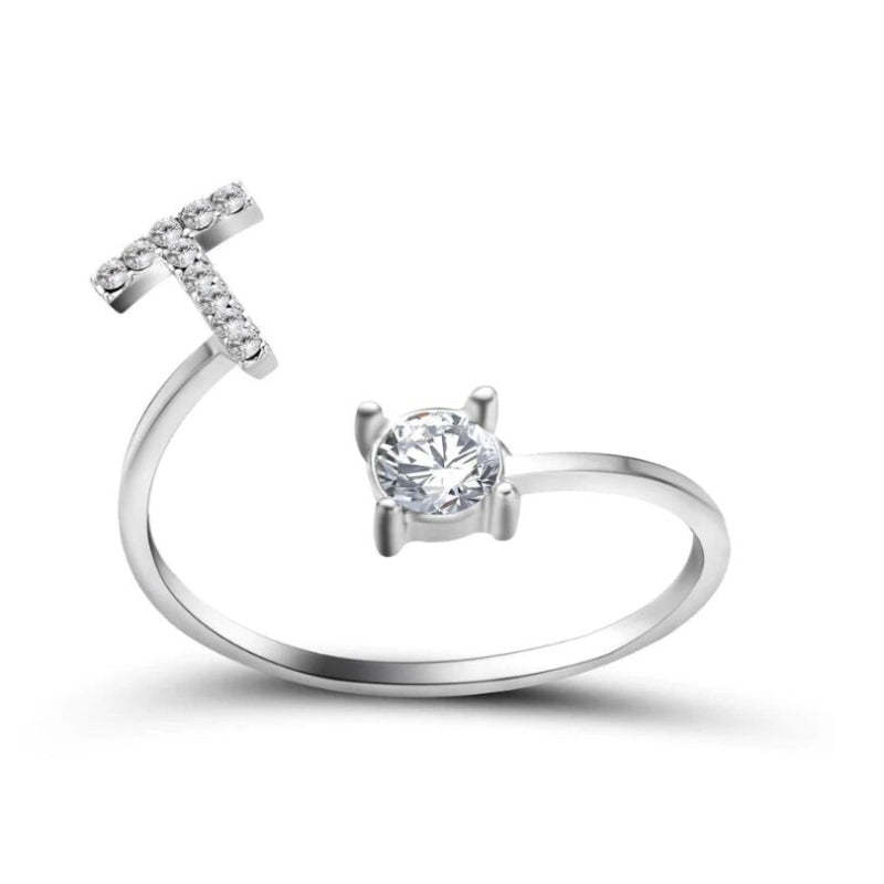 Golden Adjustable A-Z Personalized Initial Letter with Rhinestone Rings-xinru