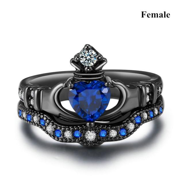 Clear Black  Blue Zirconia Couples Ring Set-xinru