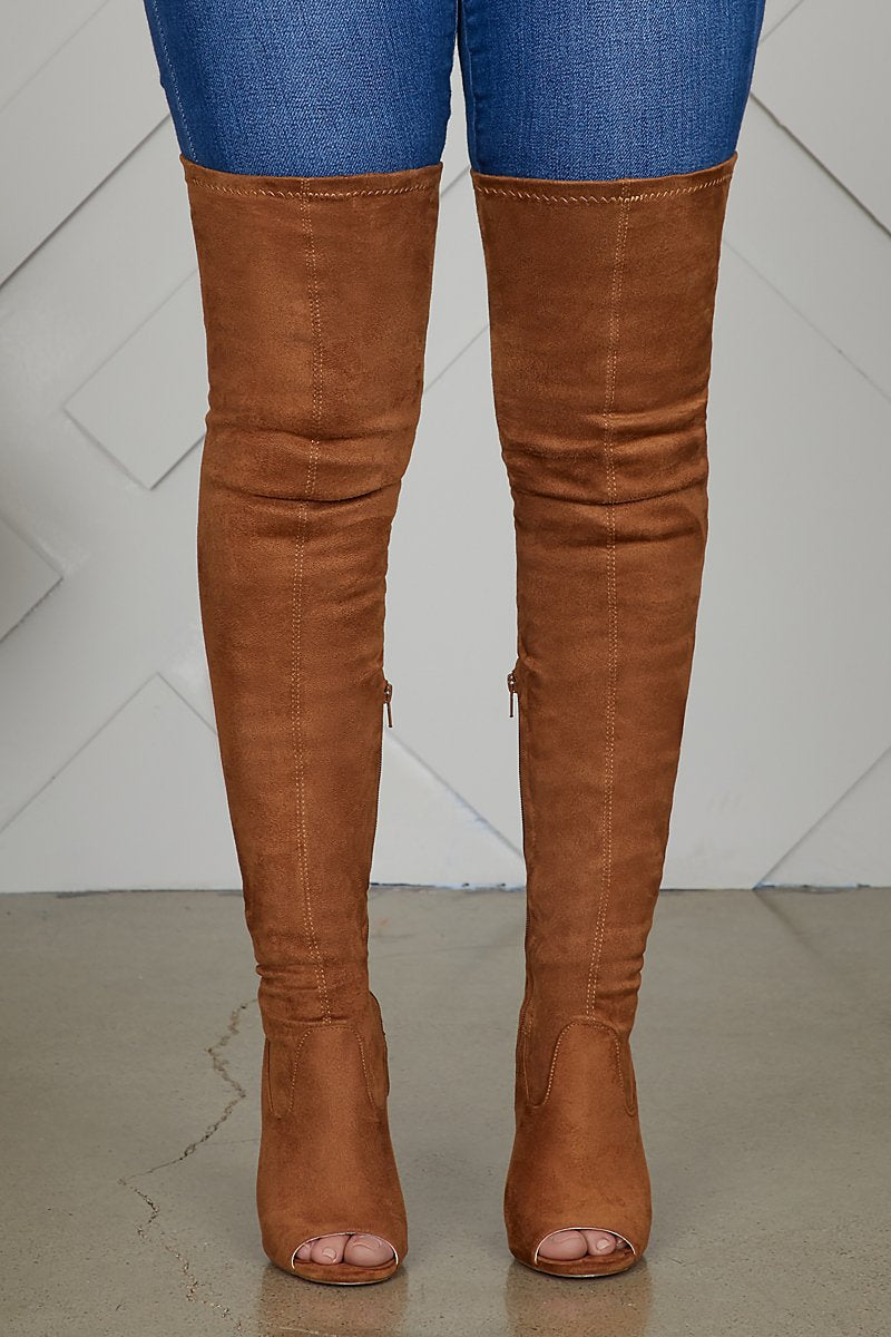 Thigh High Peep Toe Soft Suede Boots Over the Knee Stiletto - Brown-xinru