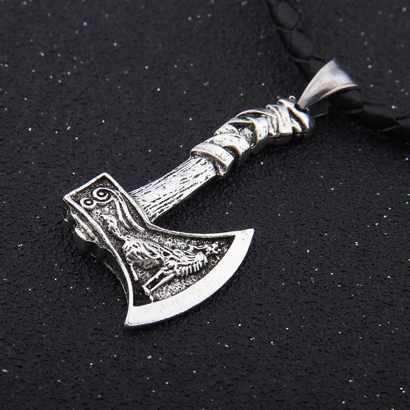 Mens Viking Wolf Raven Axe Pendant Necklace Stainless Steel Chain-xinru