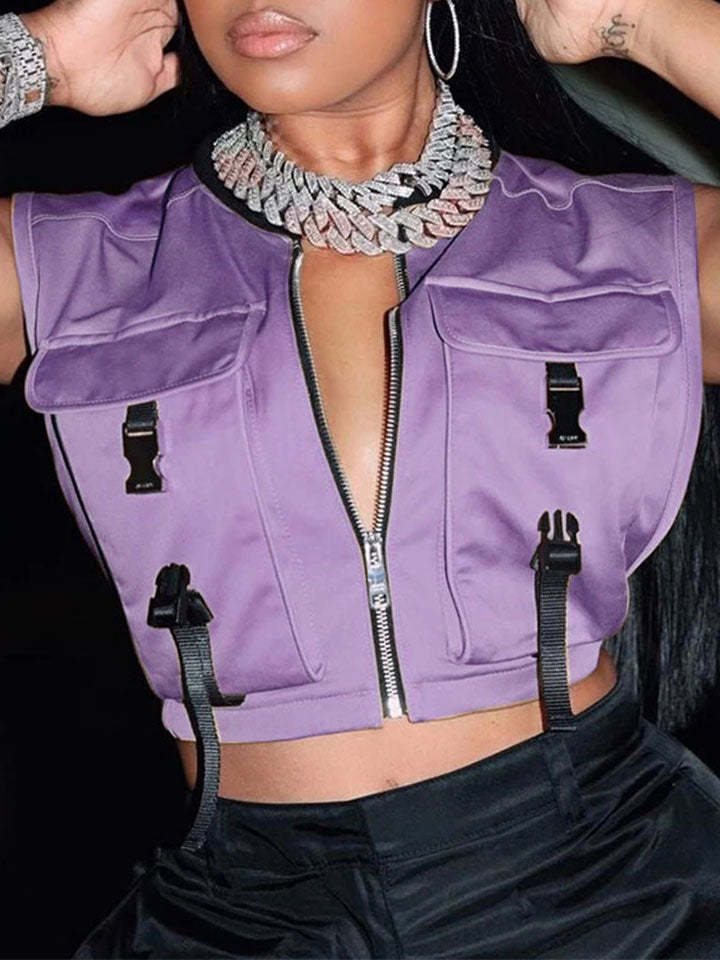 Women Pockets Buckle Zipper Cropped Vest-xinru