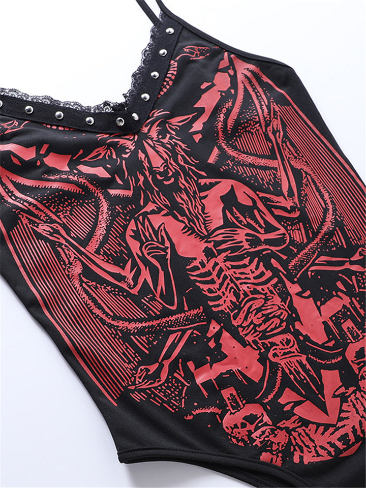 Women's Goth Punk Baphomet Dragon Print Backless Red Bodysuit-xinru