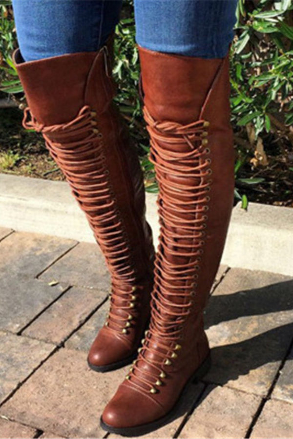 Lace Up Boots Women's Knee High Block Heel Flat Boots-xinru