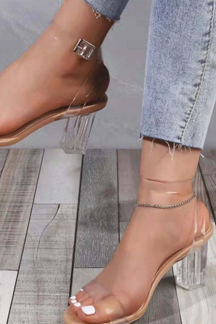 Transparent PVC Ankle Strap Chunky Heel Sandals-xinru