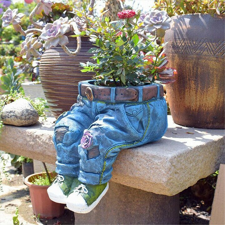 Denim Clothes Pants Resin Flower Pot Statue Retro Garden Ornament-xinru