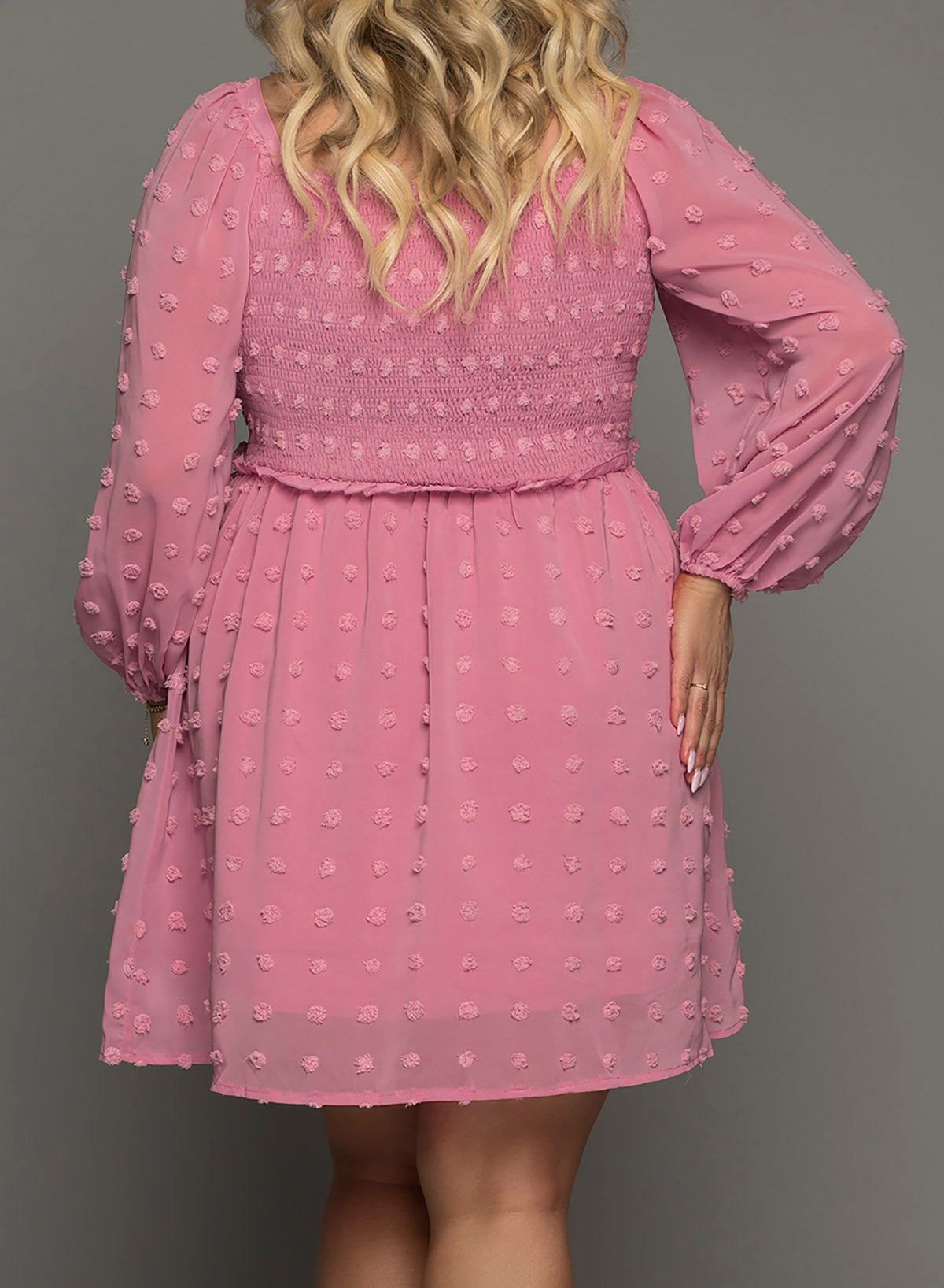 Pink Swiss Dot Smocked Puff Sleeve Plus Size Dress-xinru