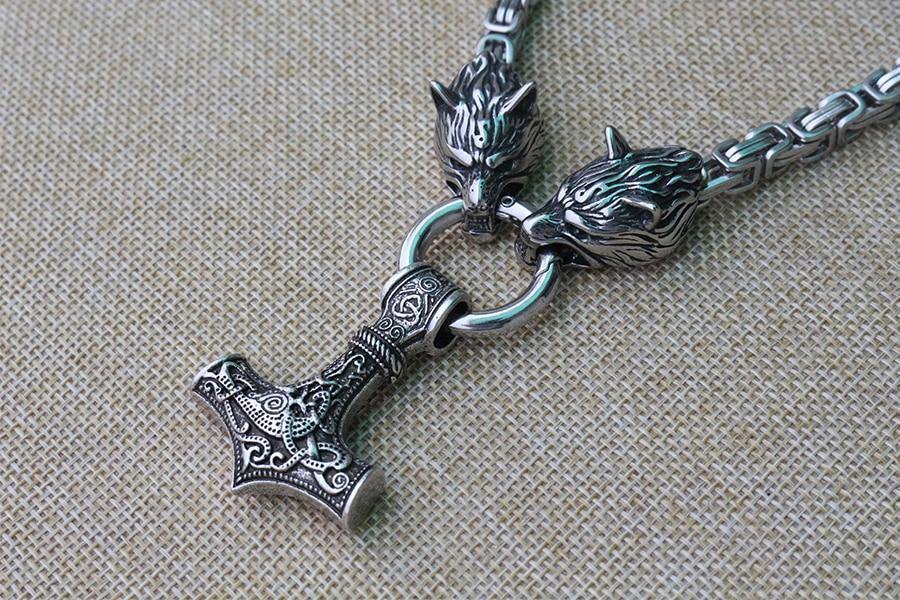 Stainless steel wolf head black king chain with black mjolnir-xinru