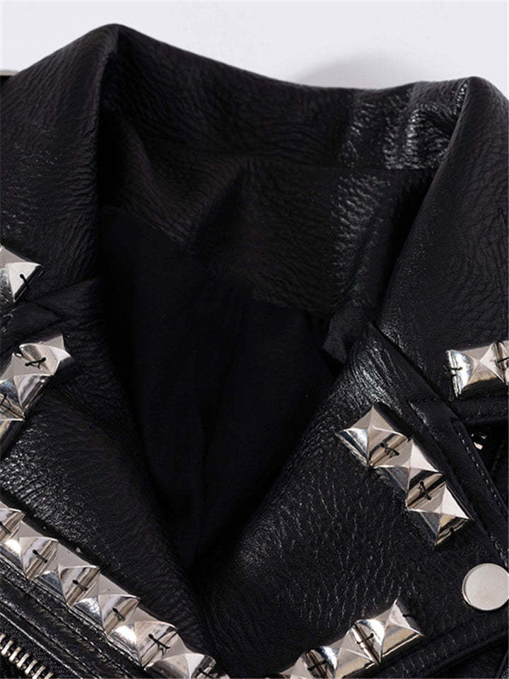 Women Locomotive Cool Punk Style Black Leather Jacket With Chains Rivets-xinru