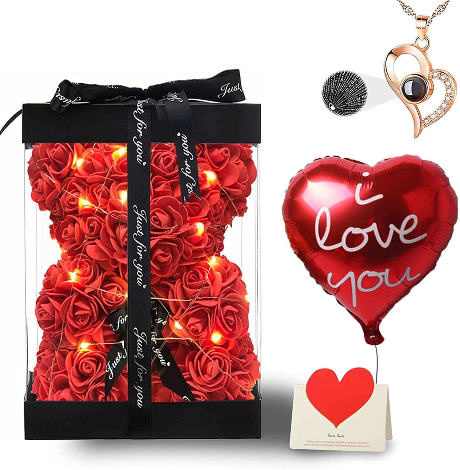Mother's Day Gift Rose Bear With Light String Necklace Balloon Card Box-xinru