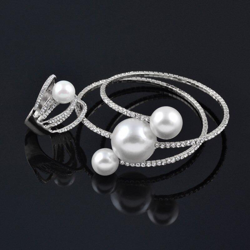 Multilayer Rhinestone Pearl Bangle Bracelet With Ring Set-xinru