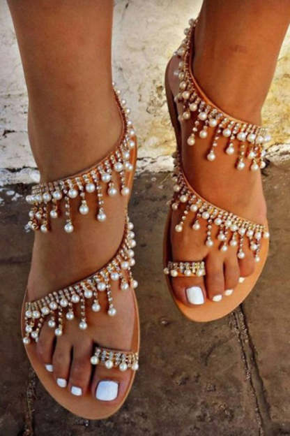 Plus Size Pearl Gladiator Flat Beach Sandals-xinru
