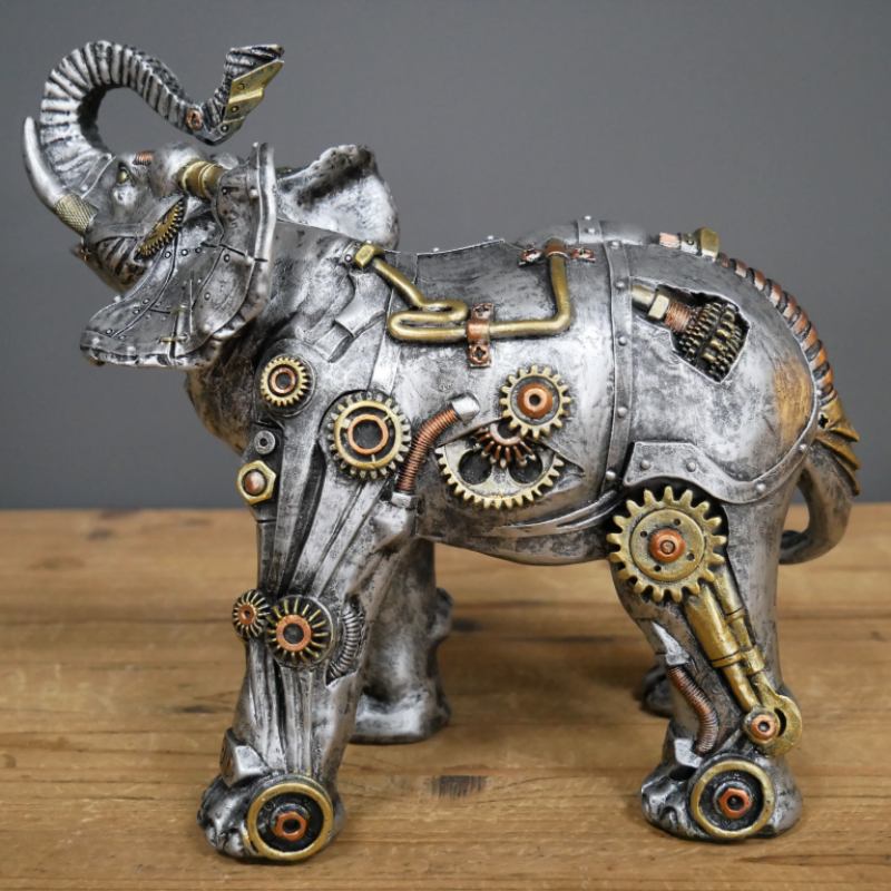 Metallic Silver Copper and Gold Gothic Steampunk Elephant Statue-xinru
