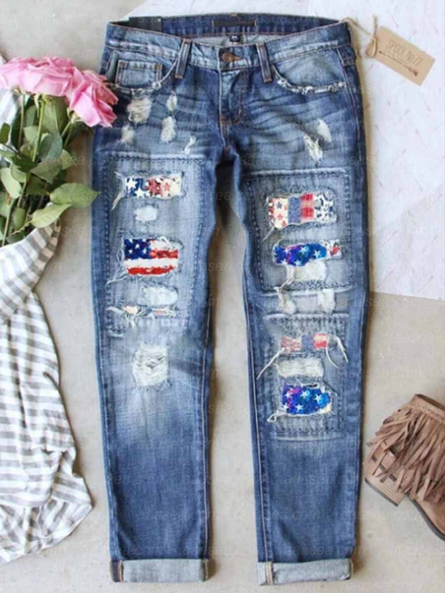 Women's Independence Day Flag Denim Ripped Trousers-xinru
