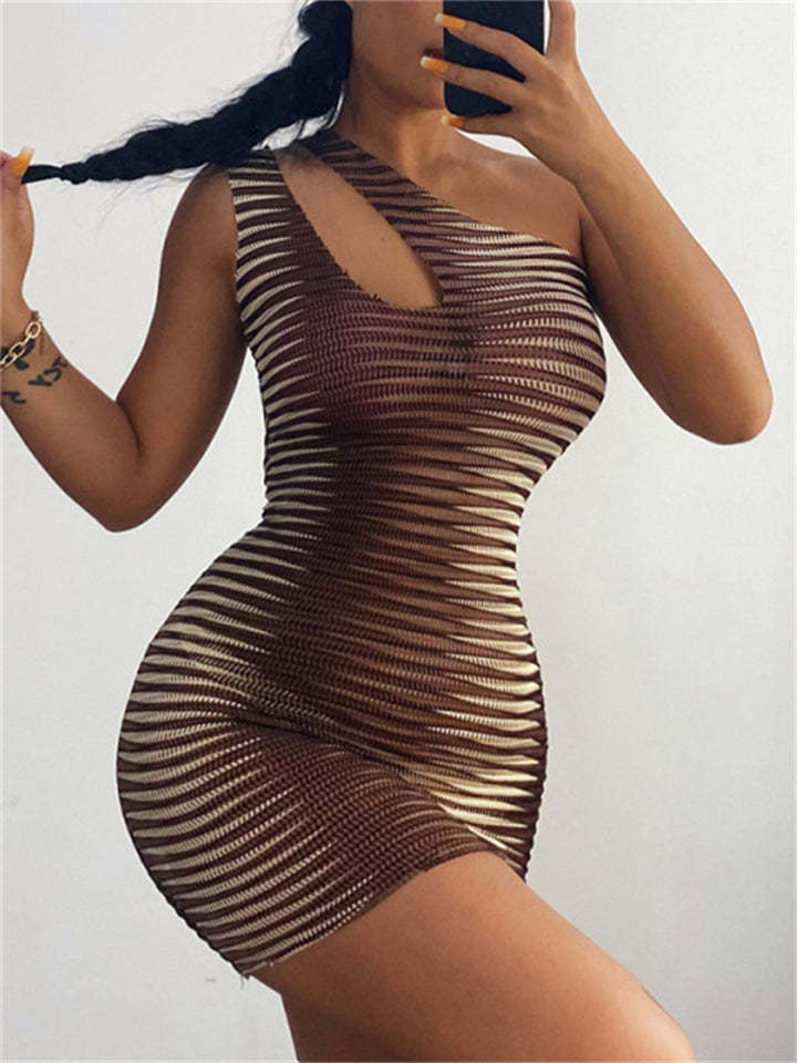 Women's Sexy Summer Contrasting Color Sleeveless One Shoulder Bodycon Dresses-xinru