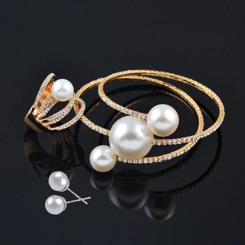 Multilayer Rhinestone Pearl Bangle Bracelet With Ring Set-xinru