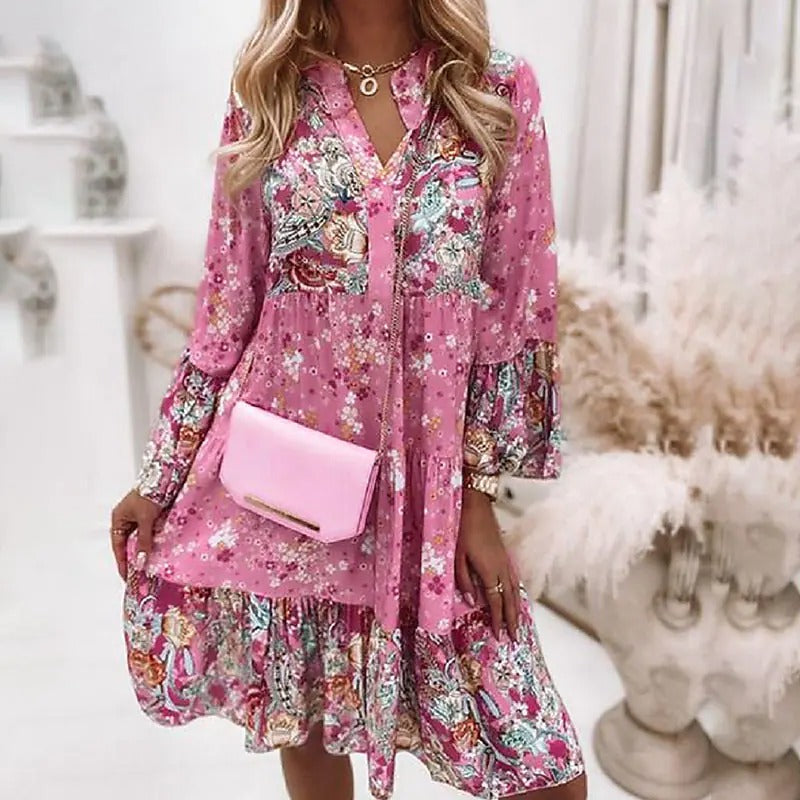 Women's Dress Long Sleeves Floral Gathered Ruffle Print V Neck Casual Boho Flare-xinru