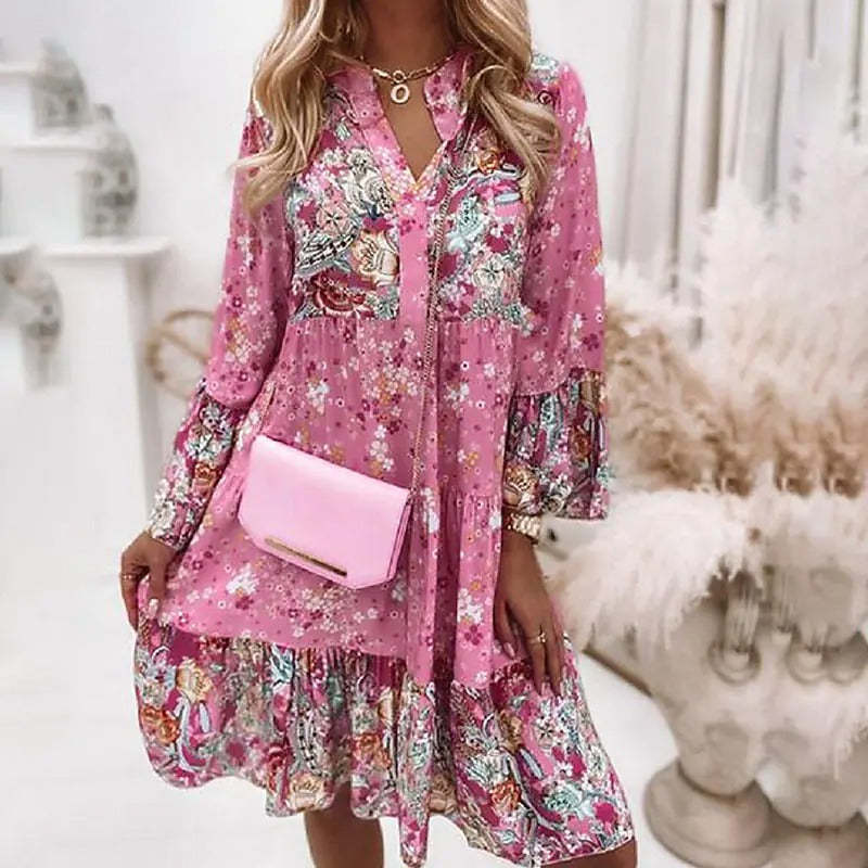 Women's Dress Long Sleeves Floral Gathered Ruffle Print V Neck Casual Boho Flare-xinru