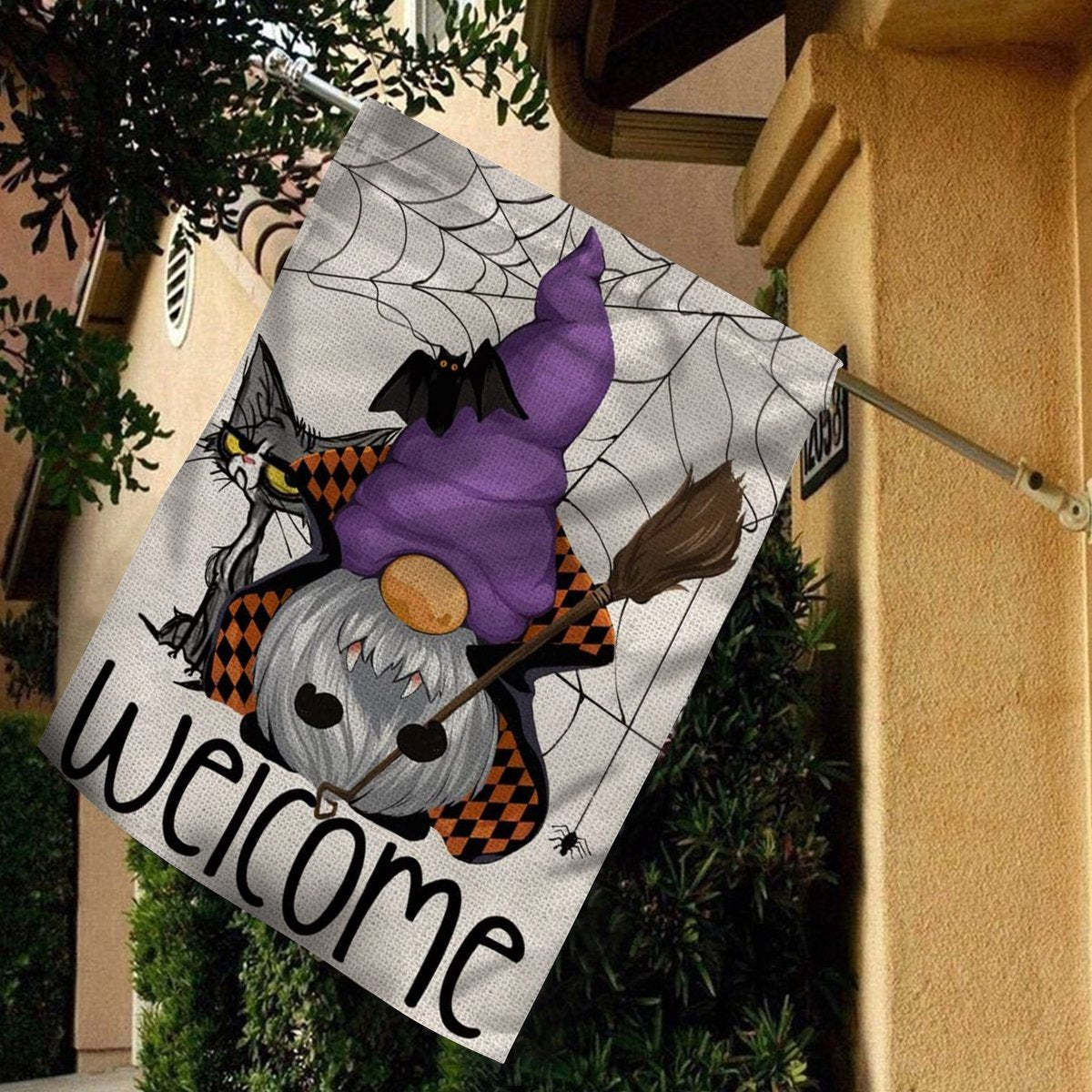 Spooky Cat With Gnome Welcome Halloween Gifts Garden House Flag-xinru shop