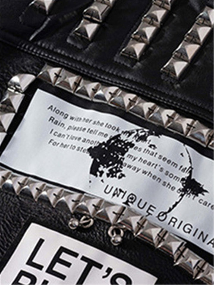 Women Locomotive Cool Punk Style Black Leather Jacket With Chains Rivets-xinru