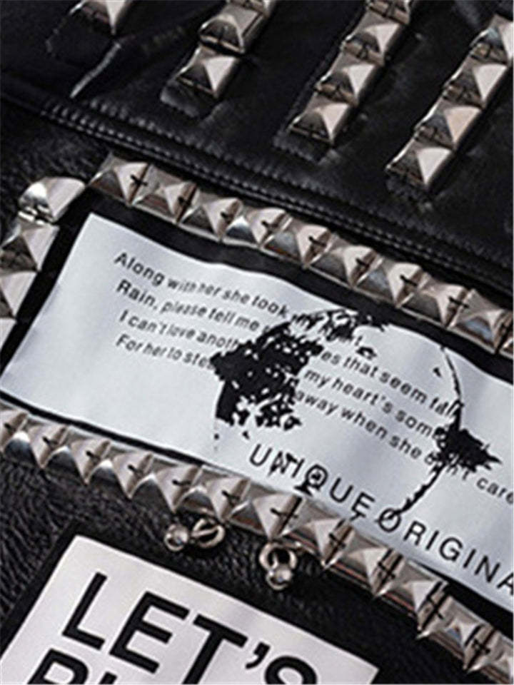 Women Locomotive Cool Punk Style Black Leather Jacket With Chains Rivets-xinru