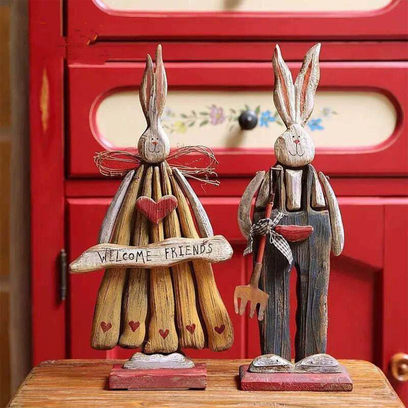 Retro Style Rabbit Shape Wooden Garden Statue Ornaments-xinru