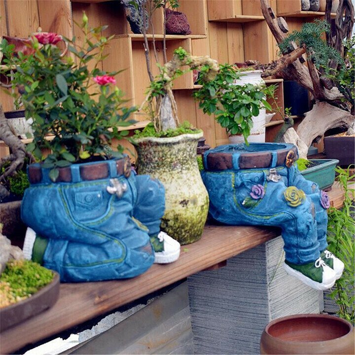 Denim Clothes Pants Resin Flower Pot Statue Retro Garden Ornament-xinru