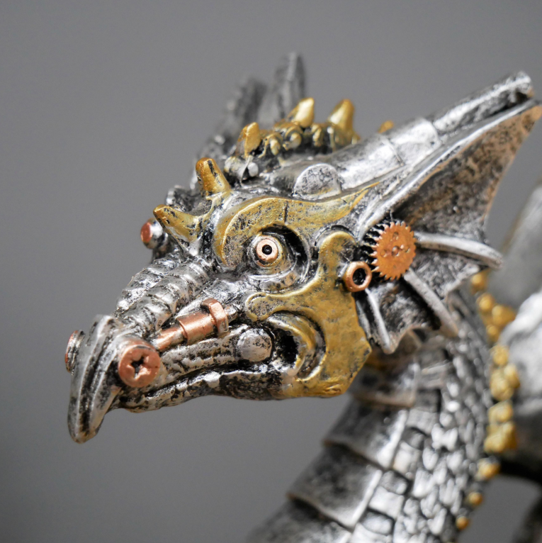 Metallic Silver and Gold Gothic Steampunk Dragon Statue-xinru