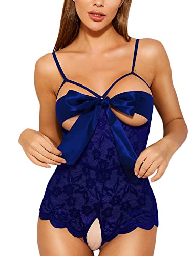 Romwe Women's Self Knot Front Teddy Lingerie One Piece Floral Lace Bodysuit Babydoll-xinru