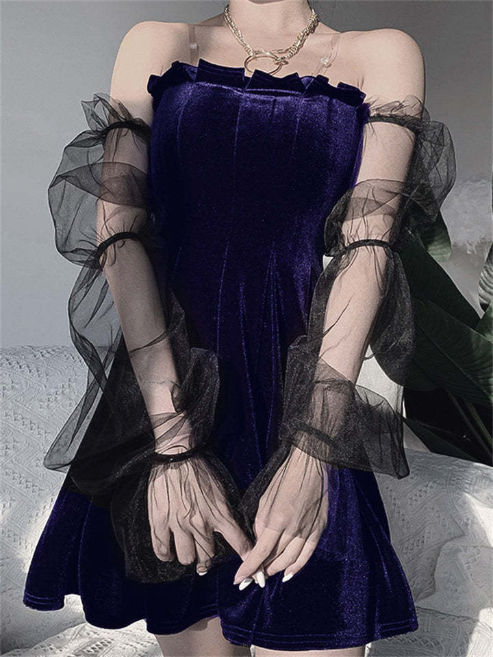 Women Sexy Lace Mini Sleeveless Purple Draped Bodycon Gothic Dress-xinru