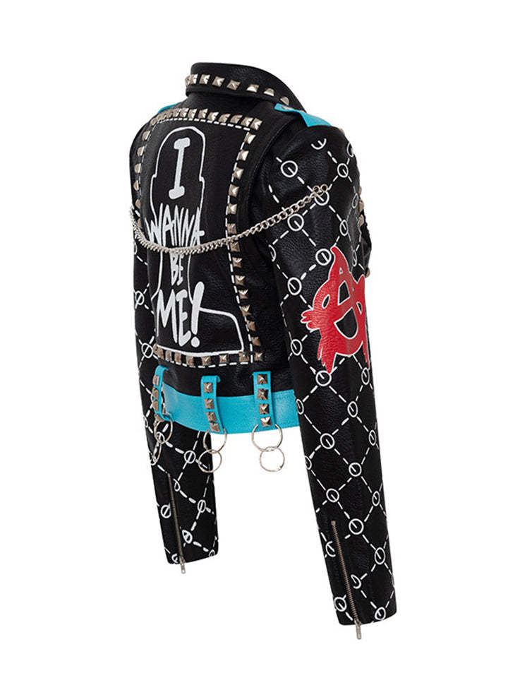 Cool Wanna Be Me Graffiti Cropped Leather Locomotive Jacket-xinru