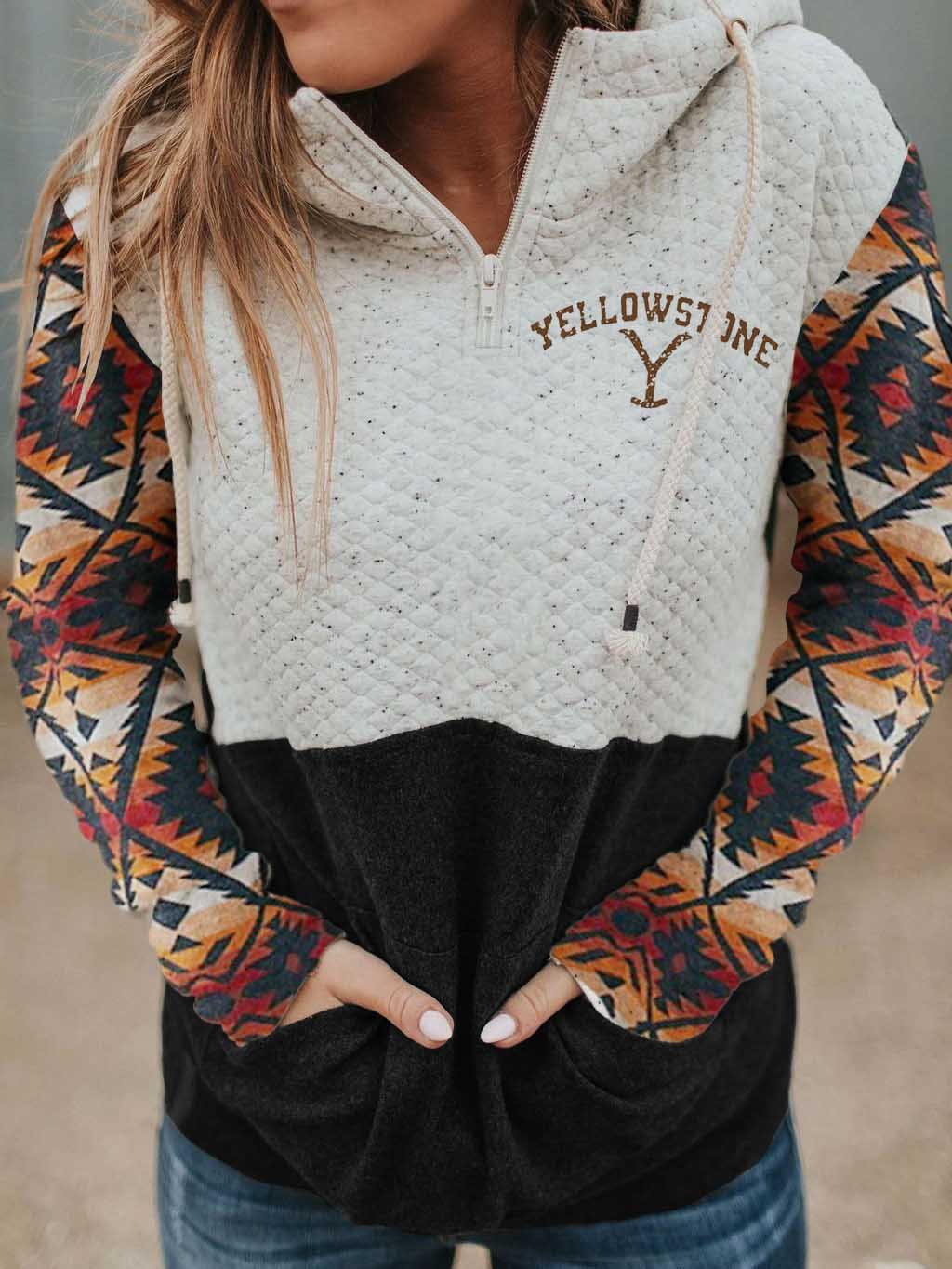 Women's Yellowstone Western Print Hood Collar Colorblock Pocket Sweatshirt-xinru shop