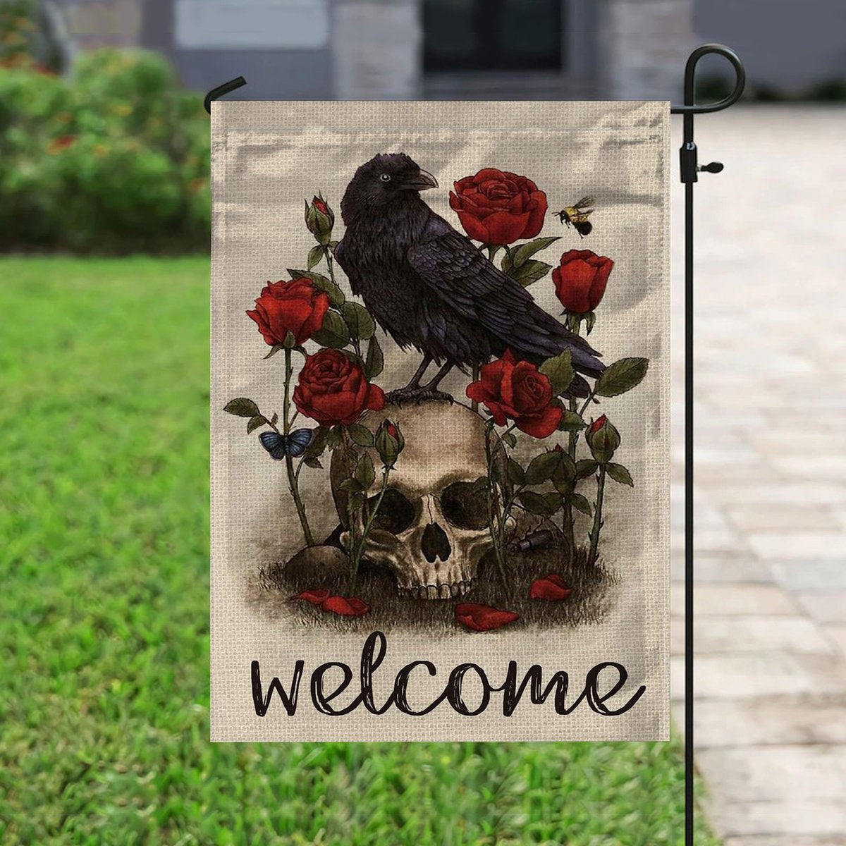 Raven Skull Rose Welcome Halloween White Halloween Gifts Garden House Flag-xinru shop