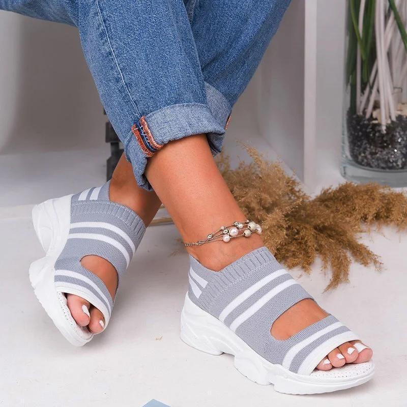 Casual Women Breathable Wedge Comfy Slip-On Open Toe Sandals Low Heel-xinru
