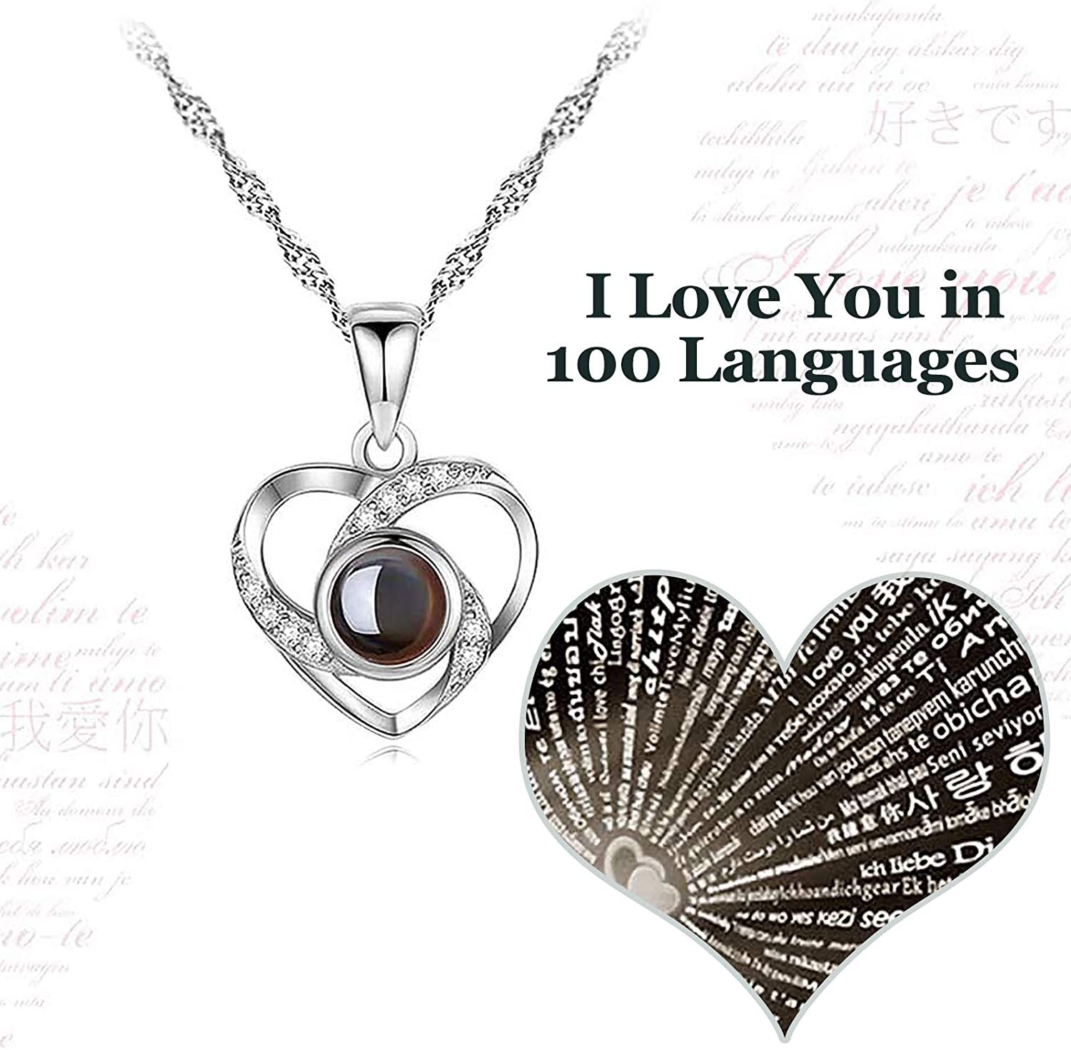 Mother's Day Gift Rose Love Sterling Silver Necklace 100 Languages Gift Box-xinru