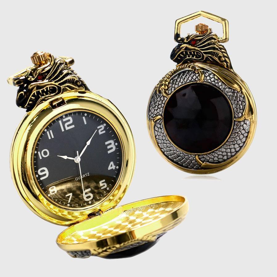 Red Garnet Inset Gold Tone Cover Pocket Watch Luxury Evil Dragon Quartz Clock-xinru