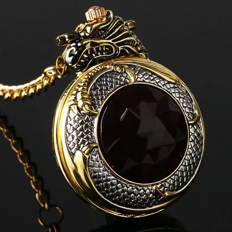 Red Garnet Inset Gold Tone Cover Pocket Watch Luxury Evil Dragon Quartz Clock-xinru