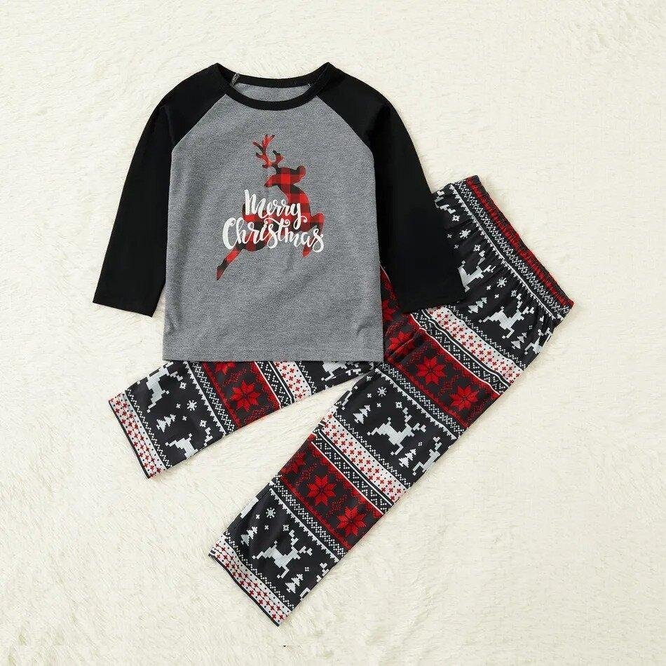 Plus Size Christmas Plaid Reindeer and Letter Print Grey Family Matching Raglan Long-sleeve Plus Size Pajamas Sets-xinru shop