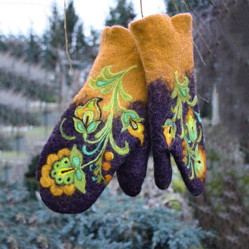 Thicken Color Block Embroidered Winter Warm Gloves-xinru shop