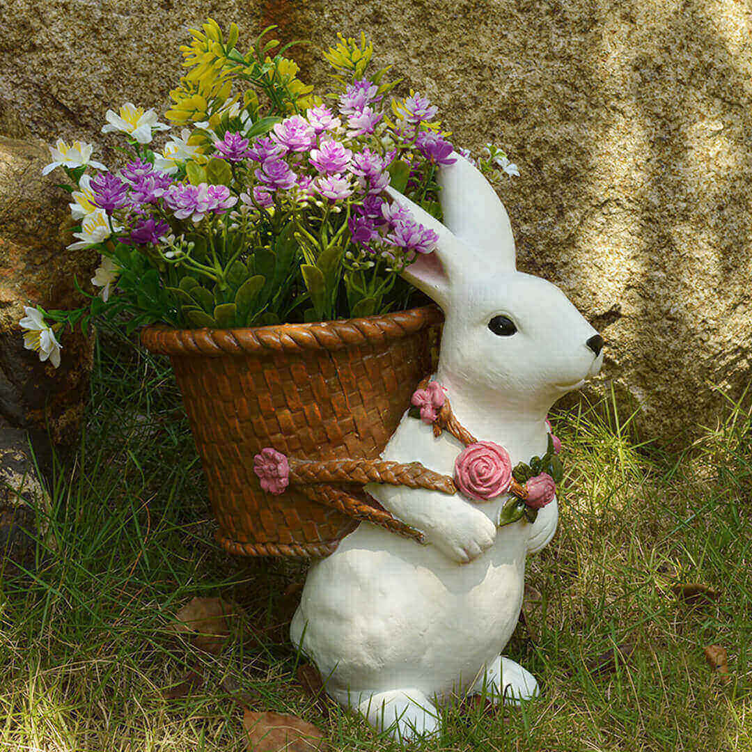 Woven Backet With Cute Rabbit Plastic Sculpture Flower Pot Home Decor-xinru