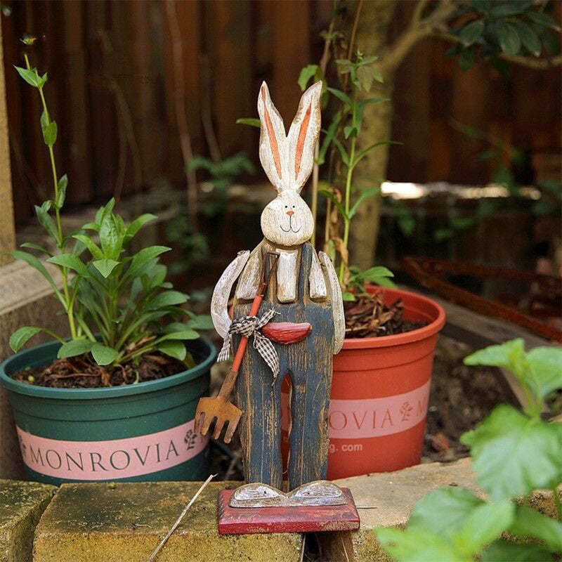 Retro Style Rabbit Shape Wooden Garden Statue Ornaments-xinru