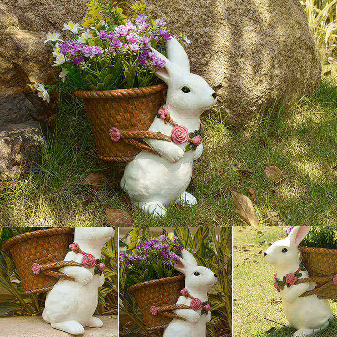 Woven Backet With Cute Rabbit Plastic Sculpture Flower Pot Home Decor-xinru