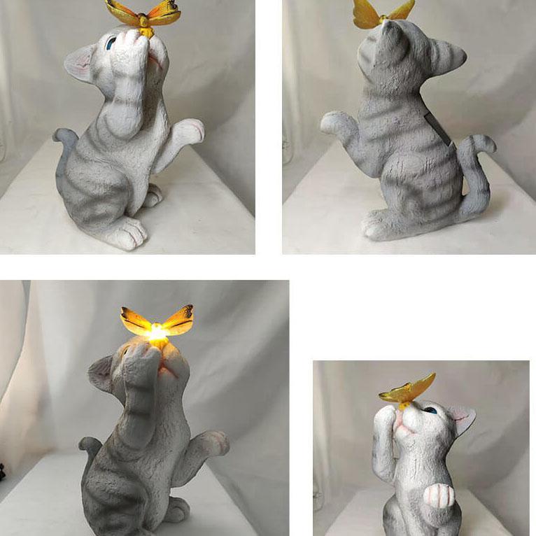Garden Statue Solar Cat Resin with Butterfly Resin LED Night Light-xinru