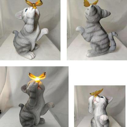 Garden Statue Solar Cat Resin with Butterfly Resin LED Night Light-xinru