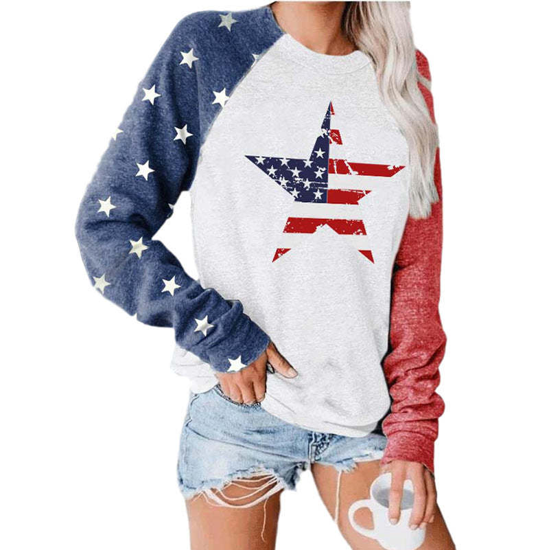 American Flag Star Print Colorblock Top-xinru