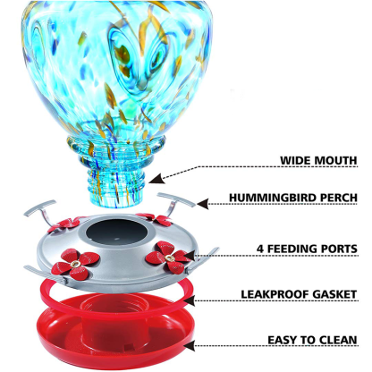 Hummingbird Feeders Hand Blown Glass Never Leak Rust Proof Bird 32oz-xinru