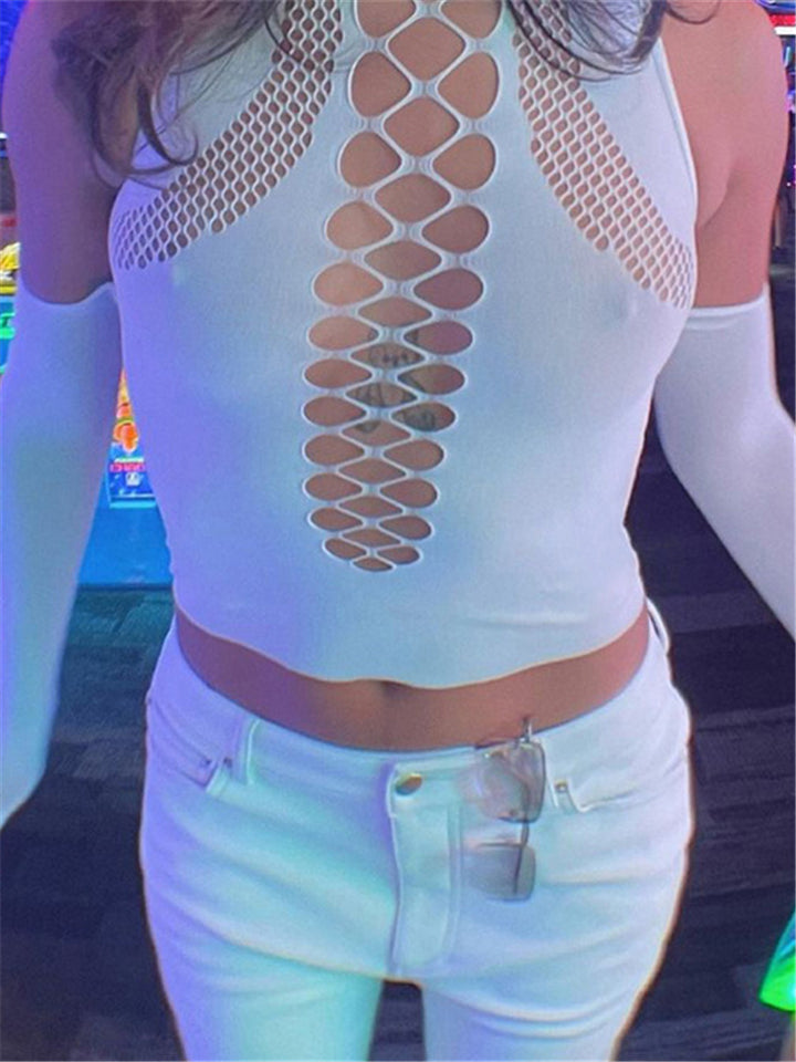 Women's Long Sleeve Solid Hollow Out Bandage Sexy Crop Tops-xinru