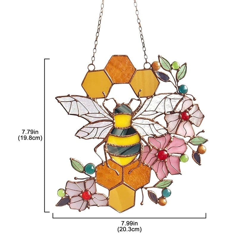 Honeycomb Stained Glass Window Bee Hanging Ornament Garden Decor-xinru