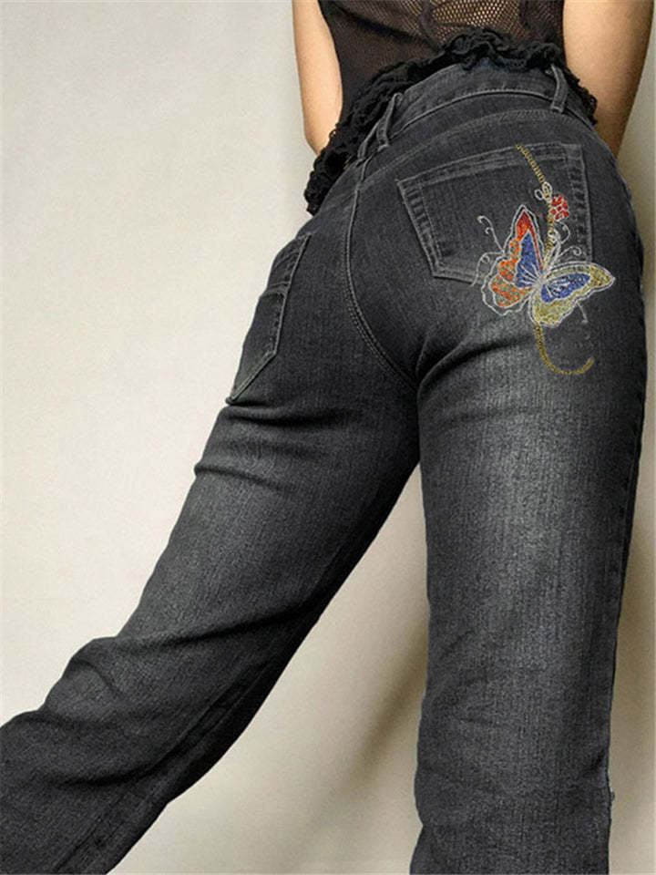 Women Low Waisted Retro Butterfly Print Denim Jeans-xinru